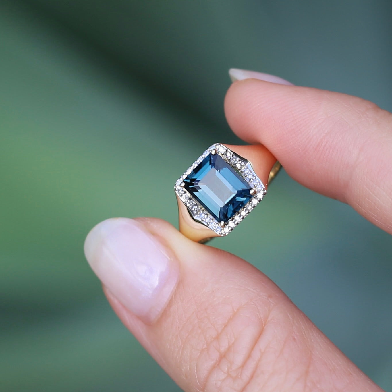 Emerald Cut London Blue Topaz Signet Ring With Diamond Halo, size N or 6.75