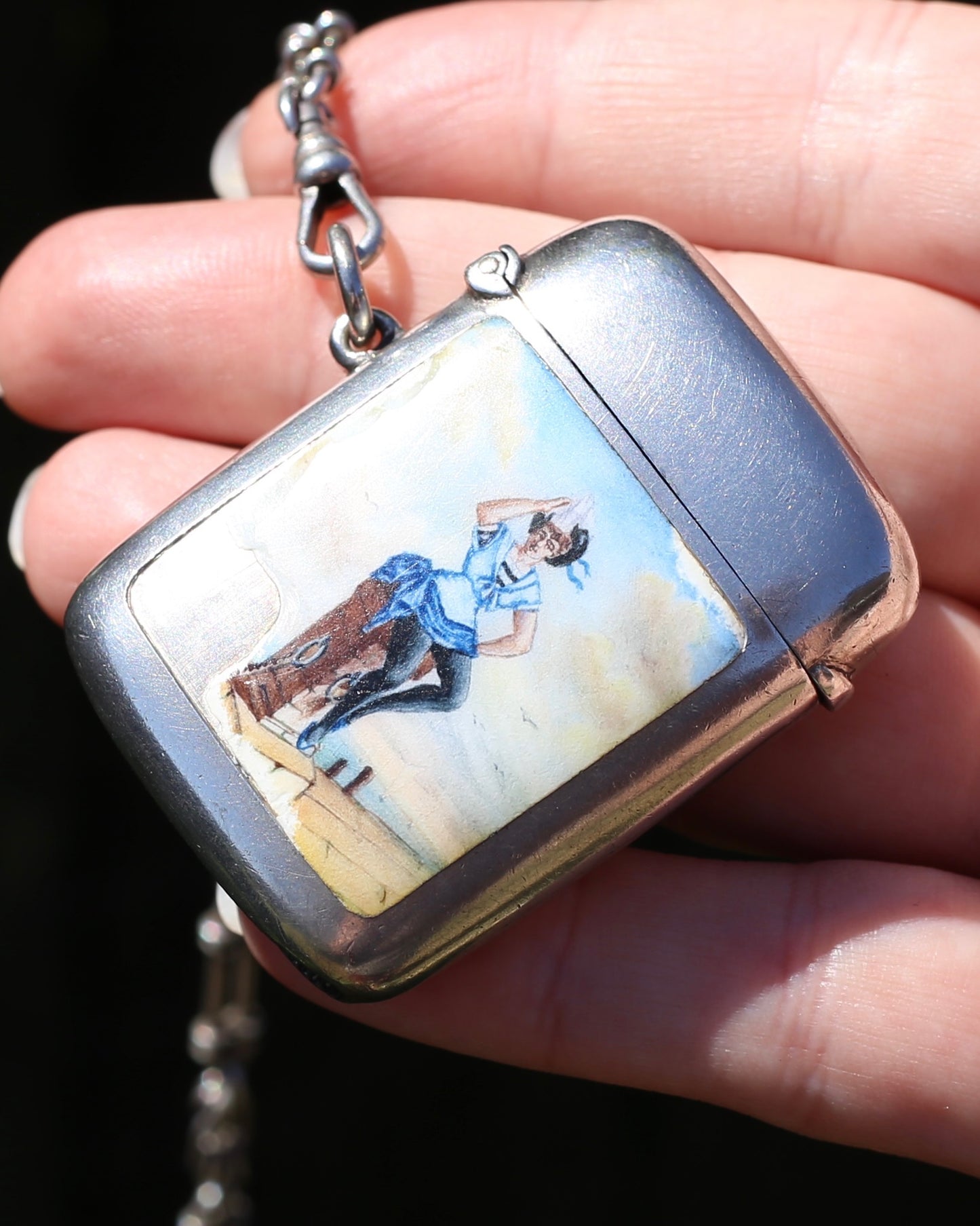 Antique 1896 Vesta Case featuring Enamel Sailor Girl, Sterling Silver, 39g