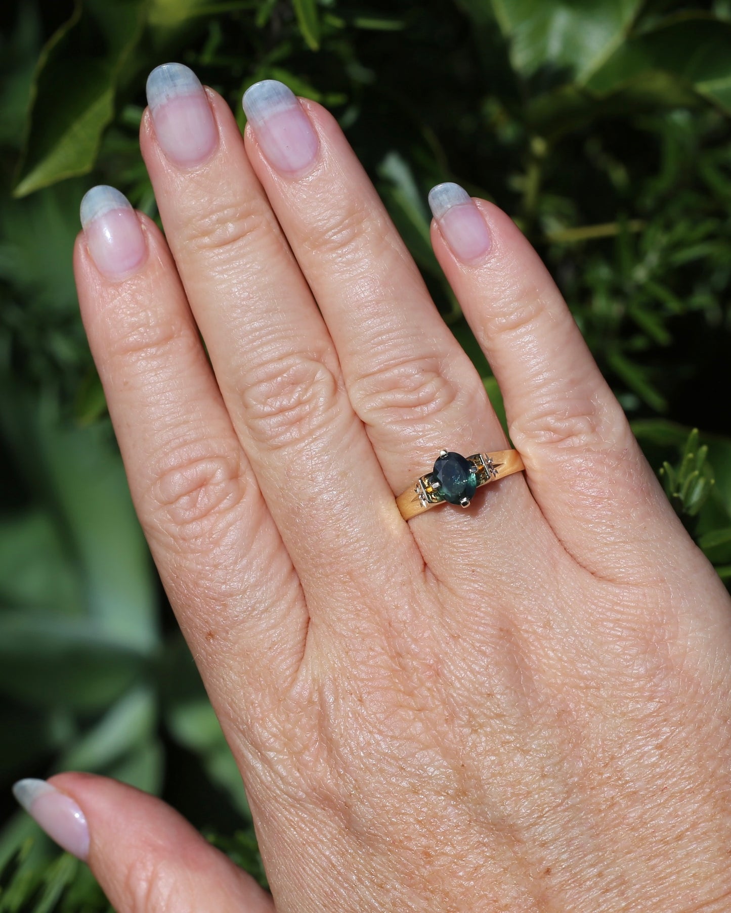 Circa 1970s 1.2ct Oval Australian Parti Sapphire Ring with Star Set Diamond Side Stones, 9ct Yellow Gold, size R1/2 or 8.75, 3.28g