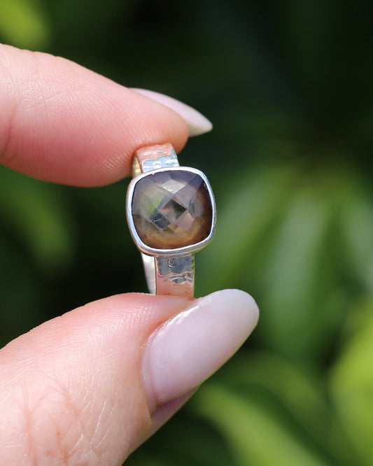 Harlequin Cut Smoky Quartz in Bezel Frame, Sterling Silver, 4.7g, size P1/2 or 8 - fits more like an O-O1/2