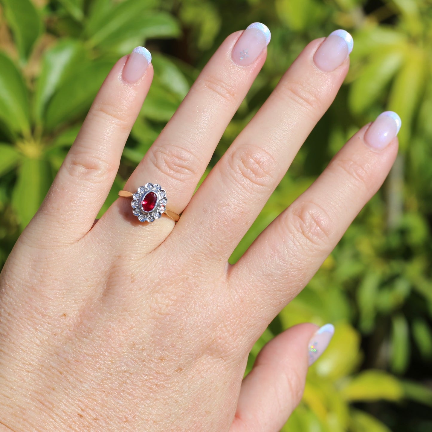 Ruby and Diamond Halo, 18ct Yellow and White Gold, size P or 7.75 with valuation