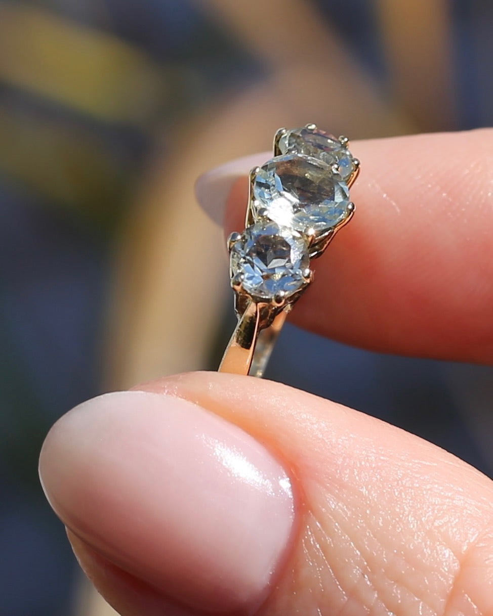 Prasiolite or Green Amethyst in Vintage Trilogy, 9ct Yellow Gold, size 7 or N1/2