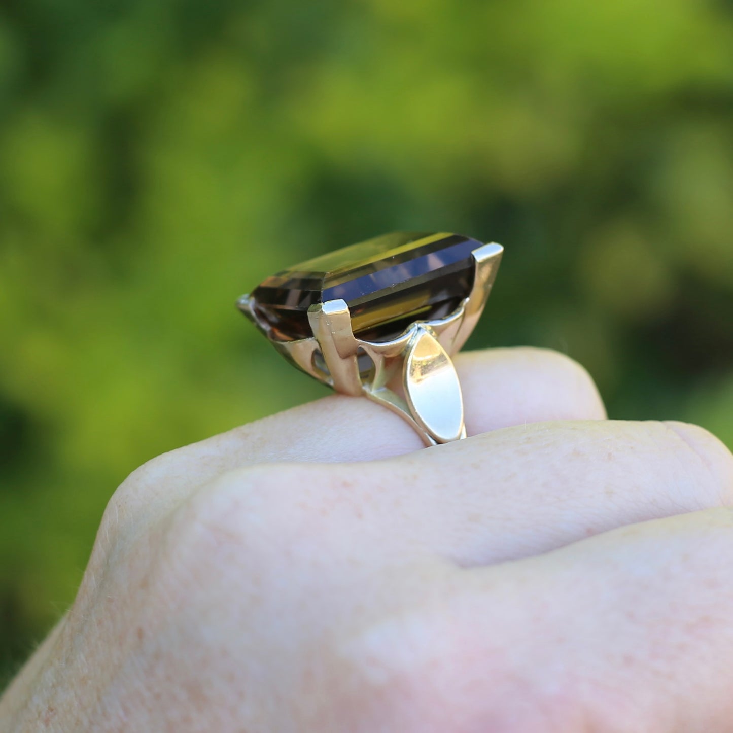 Mid Century 36ct Princess Cut Smoky Quartz Cocktail Ring, 9ct Yellow Gold, size N1/2 or 6.75