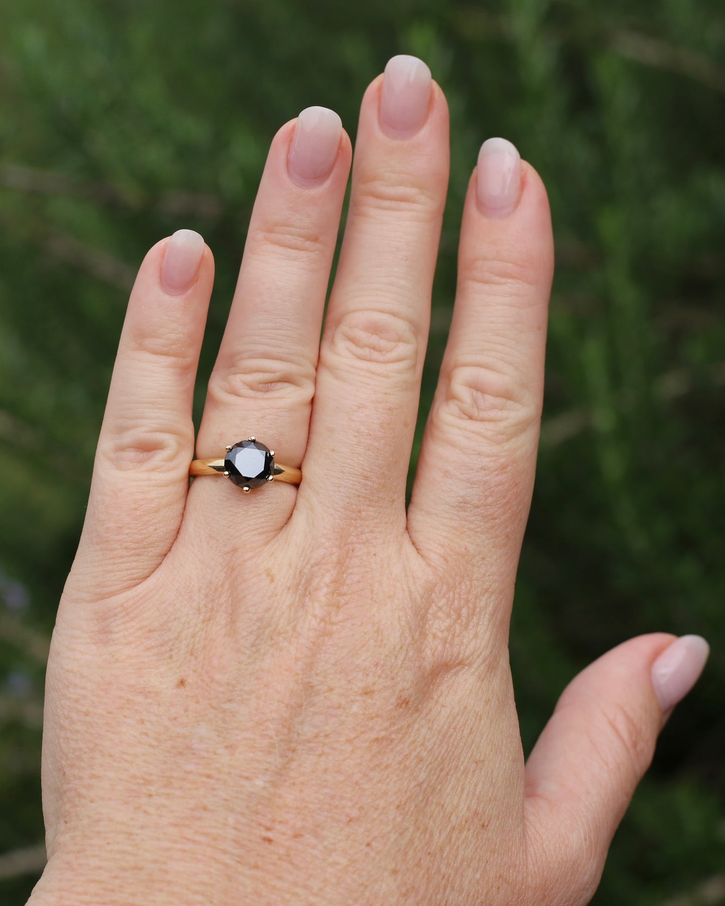 Black Moissanite Solitaire, 6 claw set 14ct Yellow Gold, size N1/2 or nearly 7, 3.63g