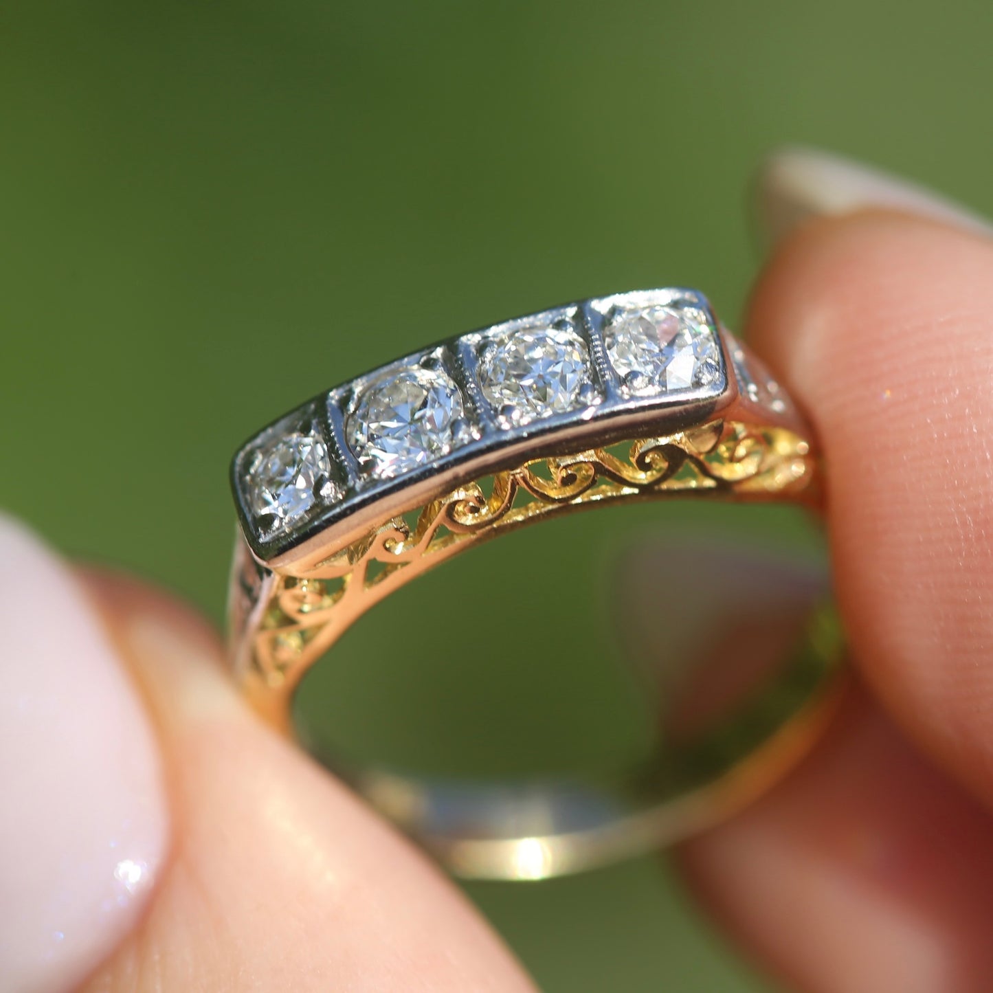 1930s 4 Stone Transitional Cut Diamond Mixed Metal Ring, 18ct Yellow Gold & Platinum, size M or just bigger than 6