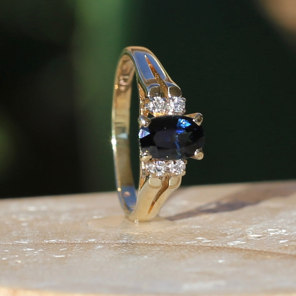 Oval Natural Blue Sapphire with Diamonds, Art Deco Feel Ring, 14ct Yellow Gold, size N or 6.75