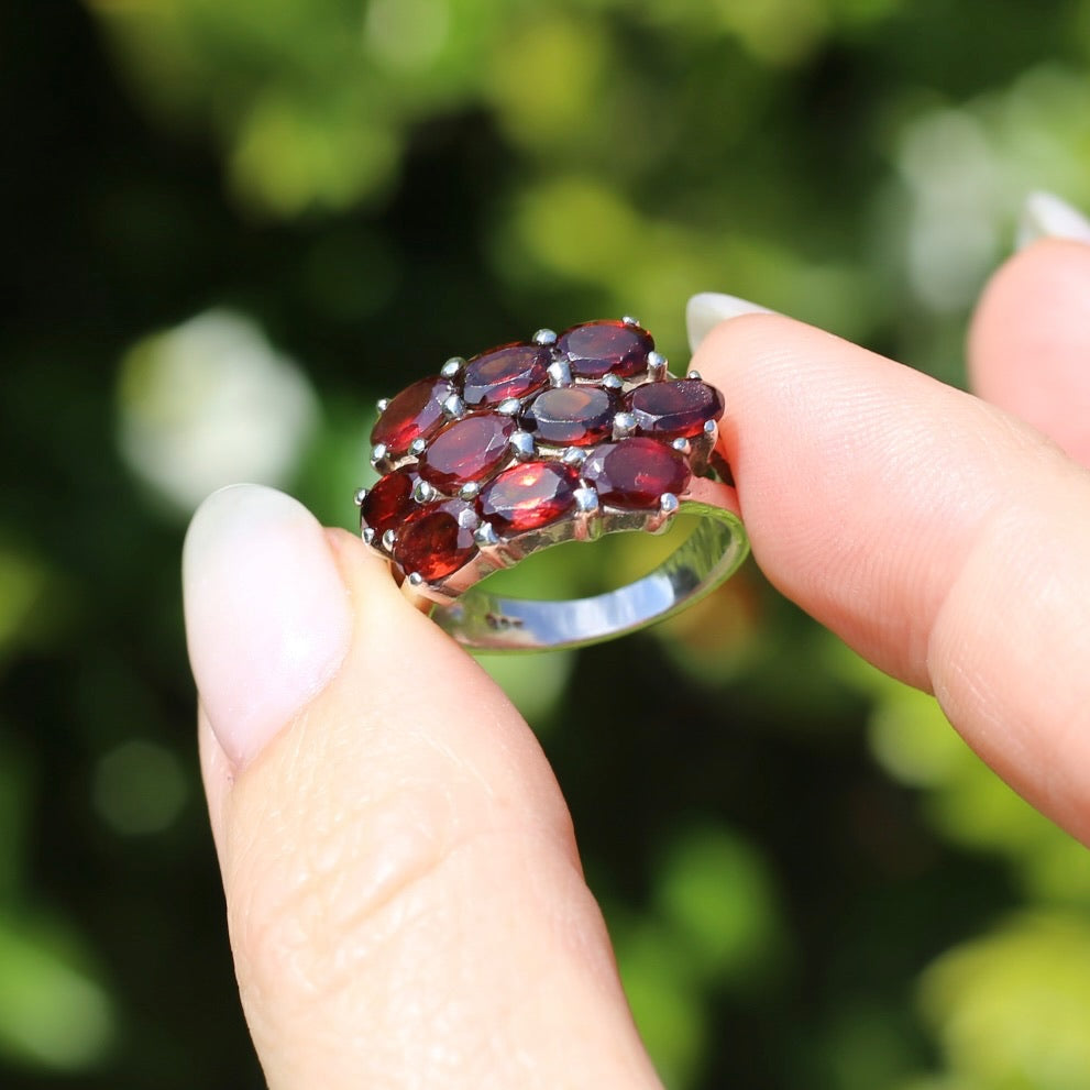 10 x Garnet Multi Stone East West Set Ring, Sterling Silver, size M1/2 or 6.5