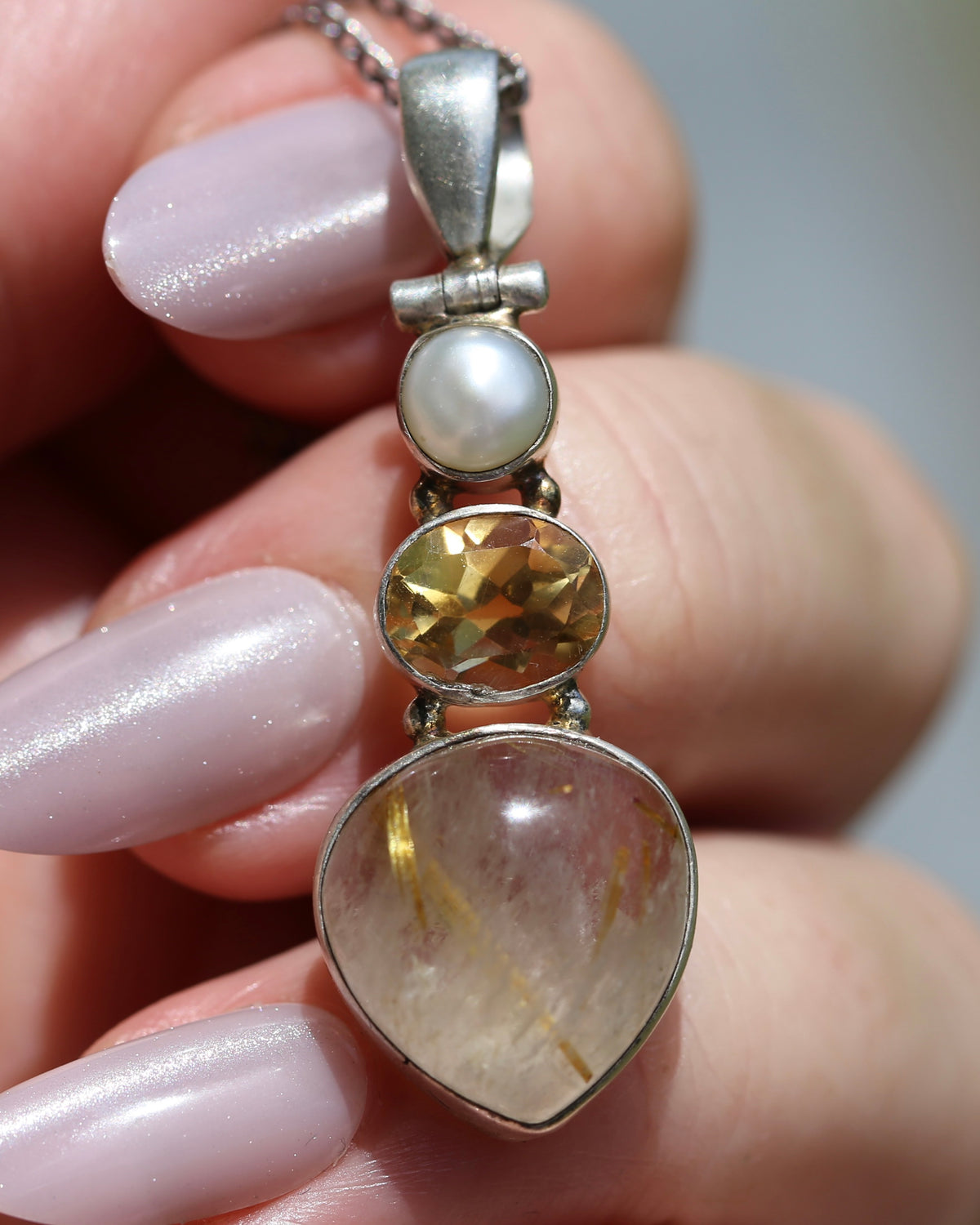 Freshwater Pearl, Citrine and Rutilated Quartz Cabochon Pendant, Sterling Silver, 6.0g