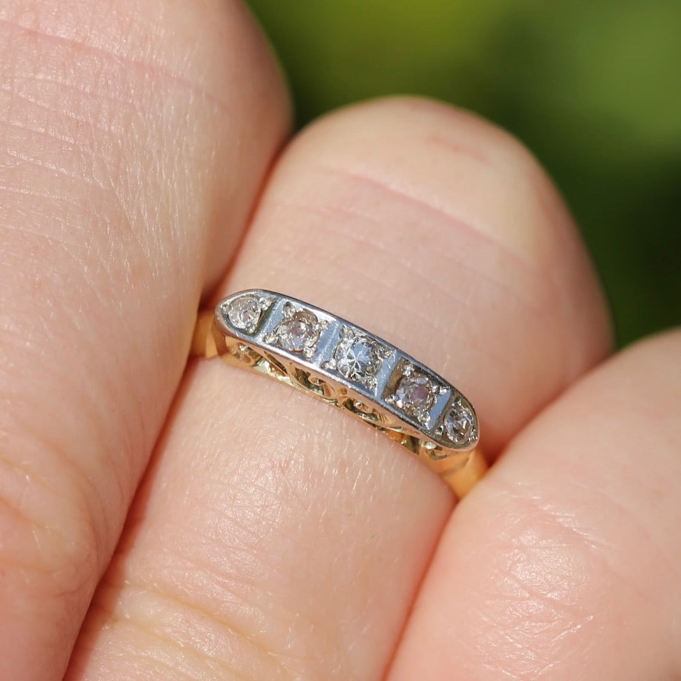 1930s Old Cut 5 Stone Diamond Ring, Platinum and 18ct Yellow Gold, size L or 5.75