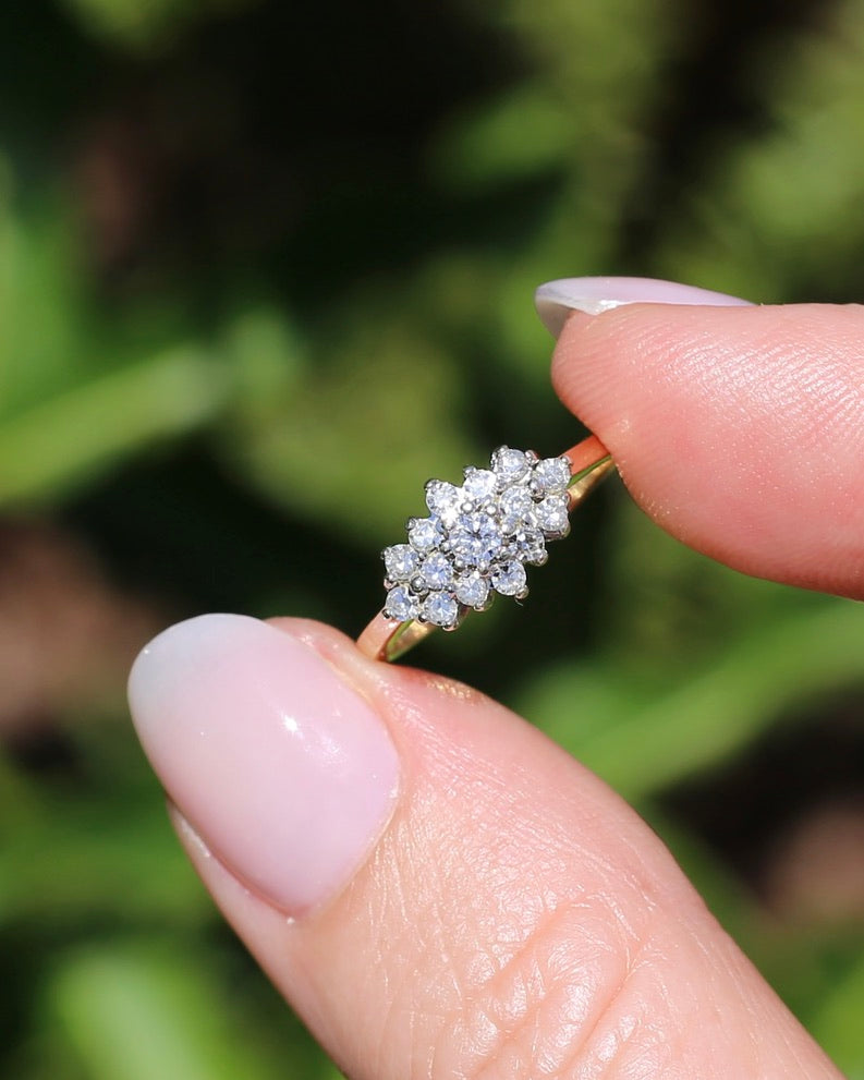 1991 London Made Diamond Cluster Ring, 9ct Yellow and White Gold, size J or 4.75, 2.2g