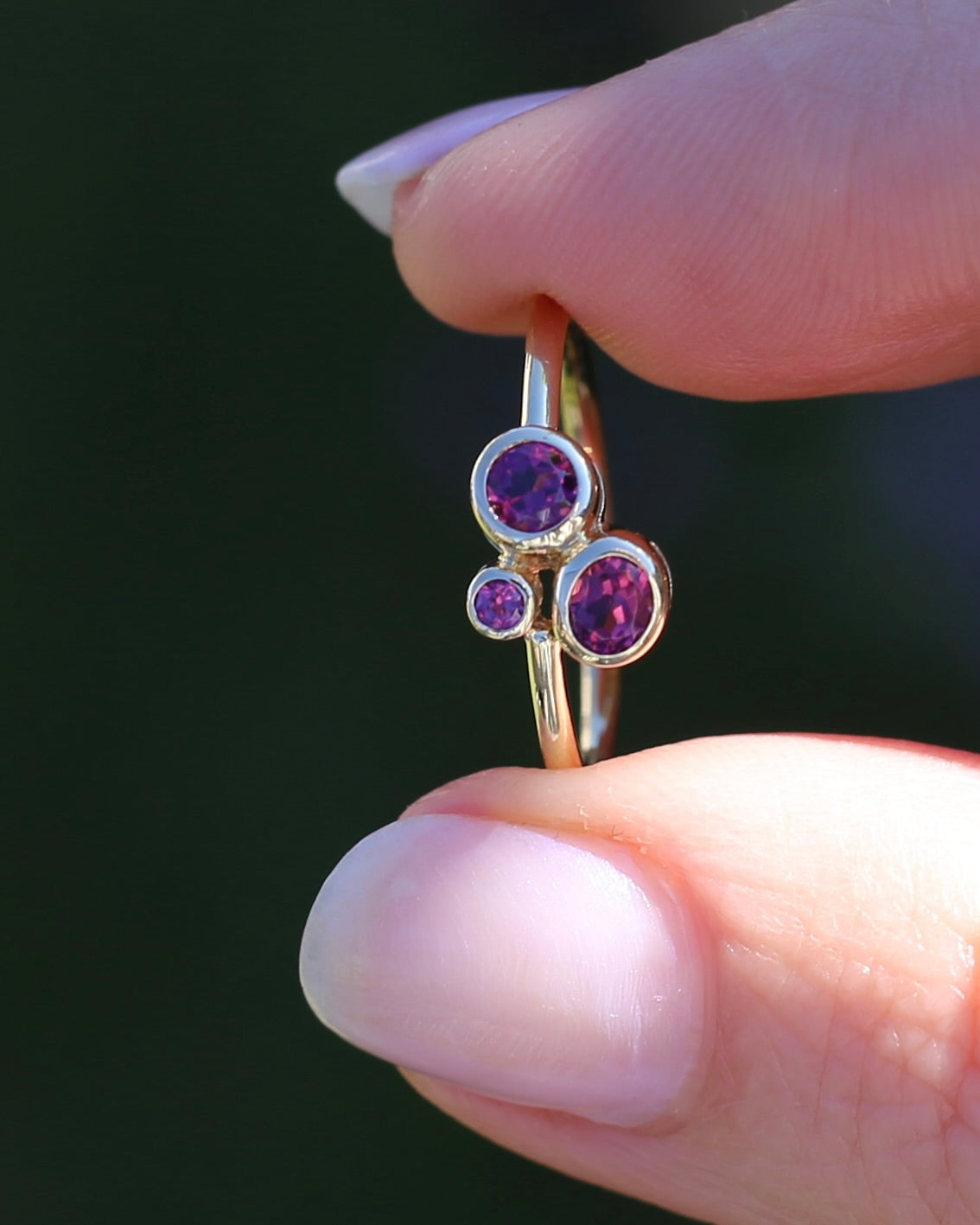 Rhodolite Garnet Three Stone Modern Bezel Set Bubble Trilogy, 9ct Yellow Gold, size O or 7.25, 1.75g