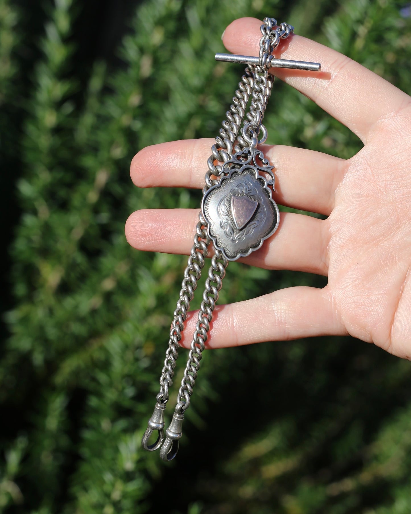 Antique 1920 Birmingham Made Double Graduated Watch Chain, Sterling Silver (and Rose Gold Face) T-Bar and Fob, 38.5cm, 53g
