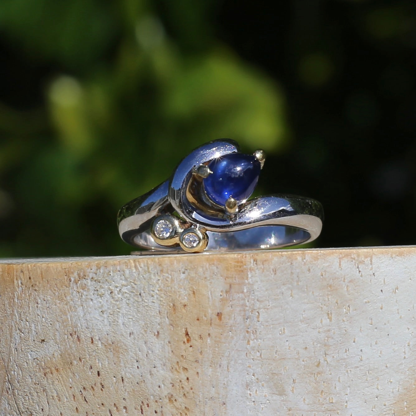 Chunky Asymetrical Mixed Metal Pear Sapphire Cabochon and Diamond ring, 18ct Yellow and White Gold, size 7.5 or just over O1/2