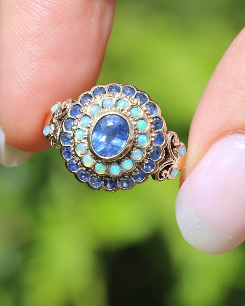 Natural Sapphire and Opal Cluster Ring, 9ct Yellow Gold, size P or 7.5, 4.04g