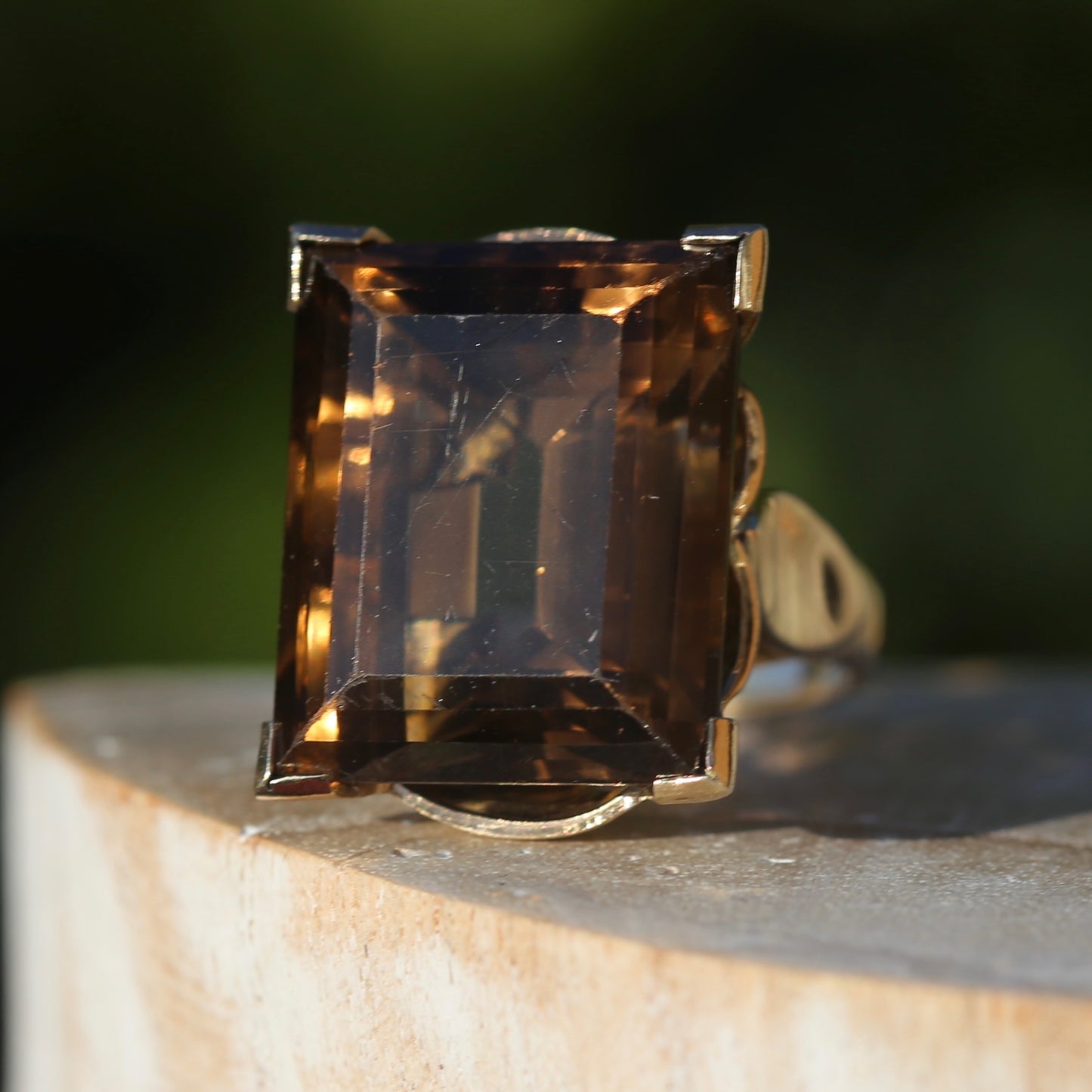 Mid Century 36ct Princess Cut Smoky Quartz Cocktail Ring, 9ct Yellow Gold, size N1/2 or 6.75