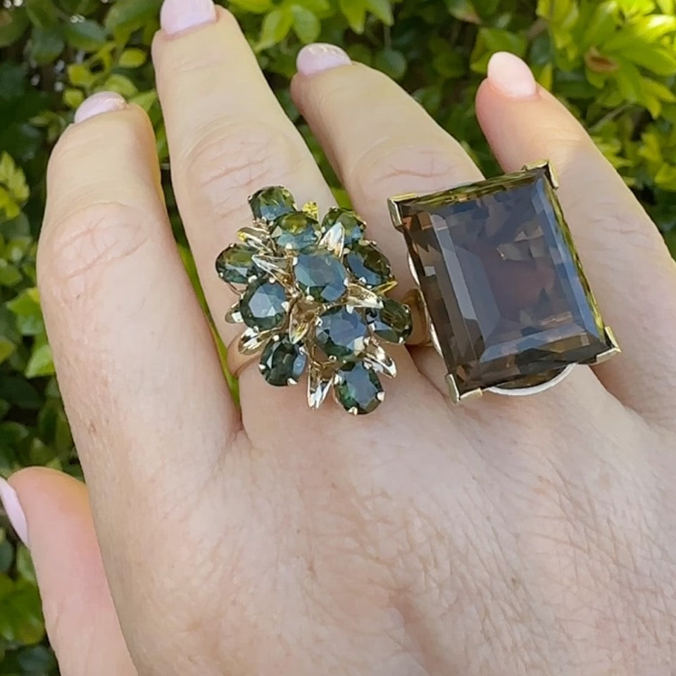 Mid Century 36ct Princess Cut Smoky Quartz Cocktail Ring, 9ct Yellow Gold, size N1/2 or 6.75