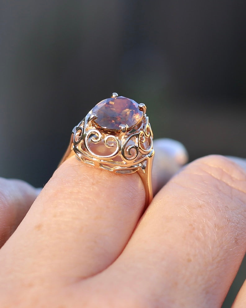 6.9ct Oval Natural Zircon in Raised Filigree Setting, 10ct Yellow Gold, size M1/2 or 6.5, 4.83g