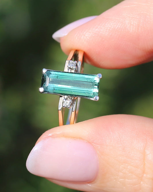 2.4ct Natural Green Tourmaline and Diamond Vintage Ring, 9ct Yellow and White Gold, size Q or just under 8.25, 3.89g