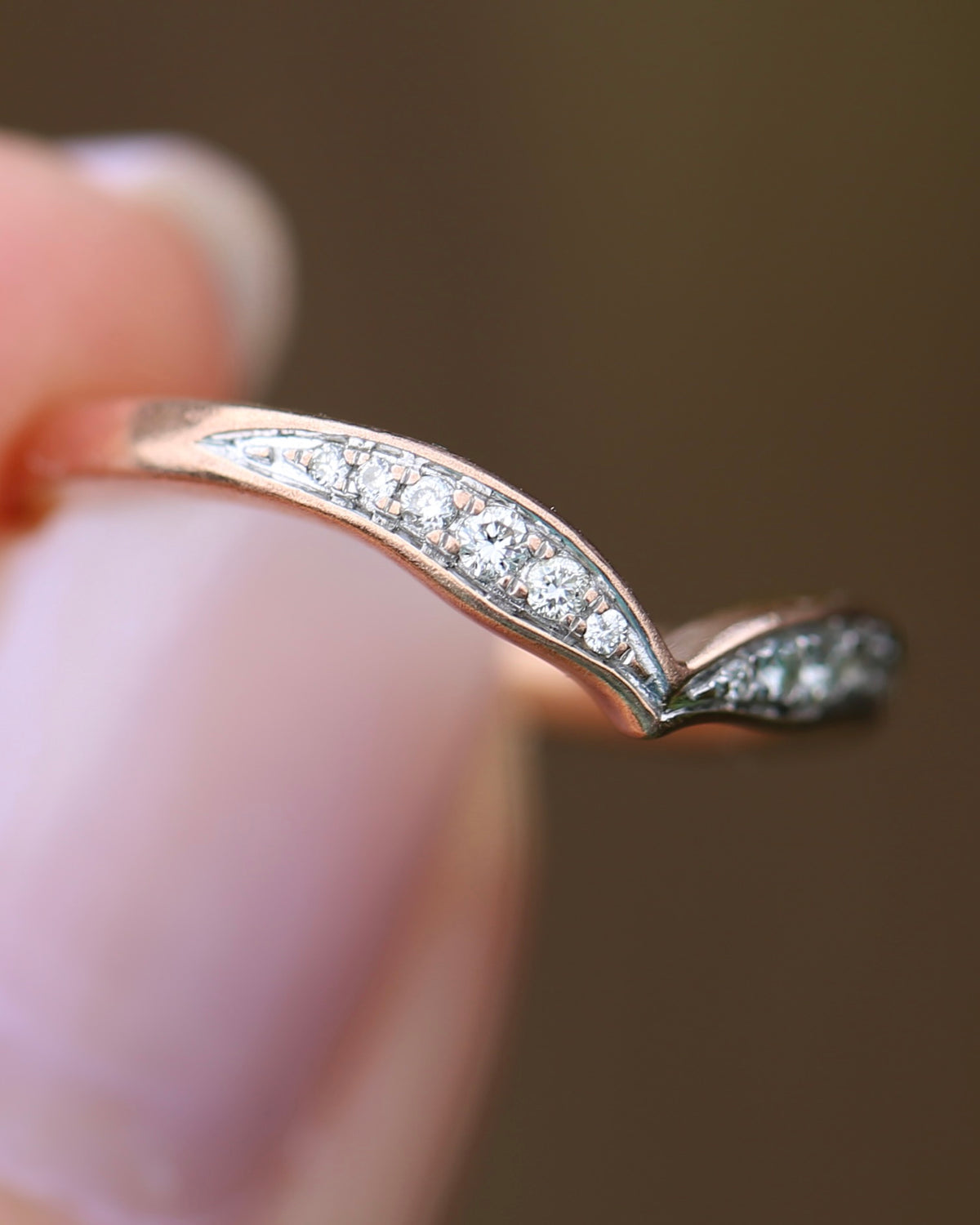Bead Set Natural Diamond Wishbone Ring, 9ct Rose Gold, size J or 4.75, 1.7g