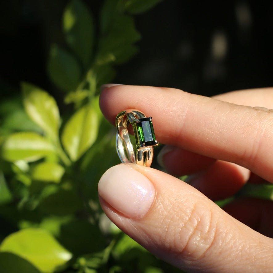 East West Set Emerald Cut Dark Green Natural Tourmaline Ring, 9ct Yellow Gold, size L or 5.75