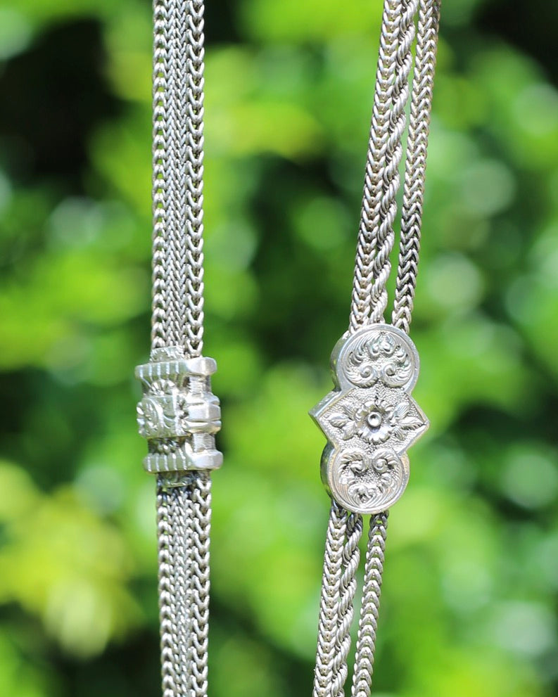 Antique 1901 Double Albertina Necklace with T-bar and Tassel, Sterling Silver, 43.75g