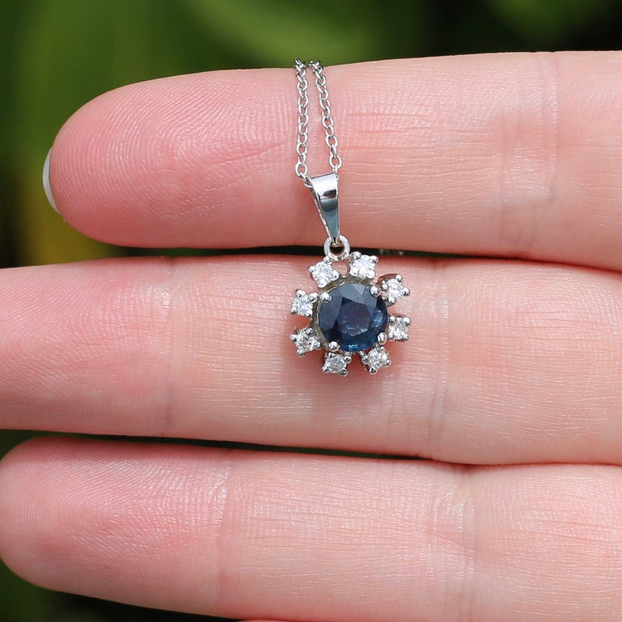 1.15ct Sapphire and Diamond Pendant, 14ct White Gold, with 9ct White Gold Chain