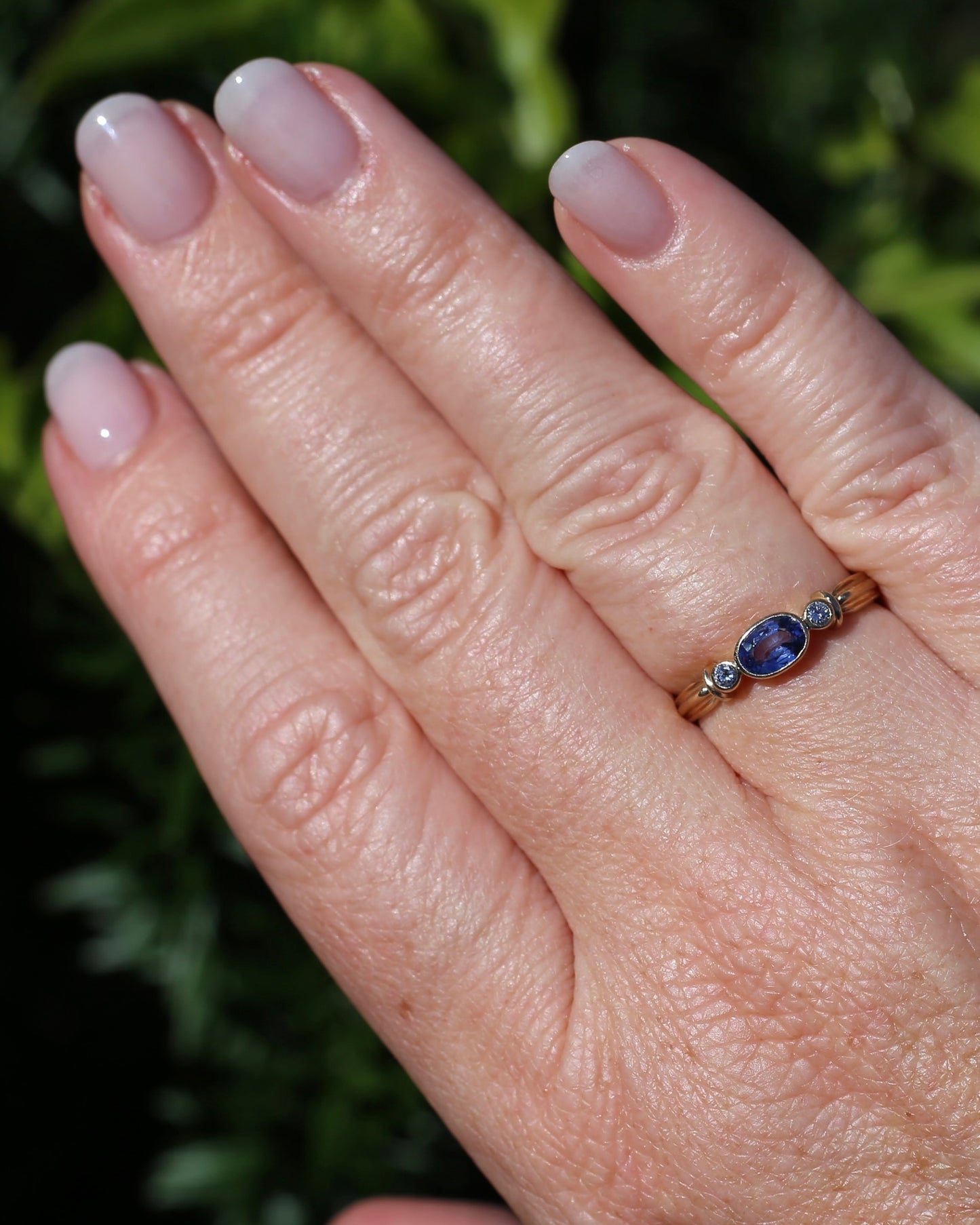 Vintage Bezel Set Cornflower Blue Sapphire and Diamond Ring, 9ct Yellow Gold, size O or 7.25