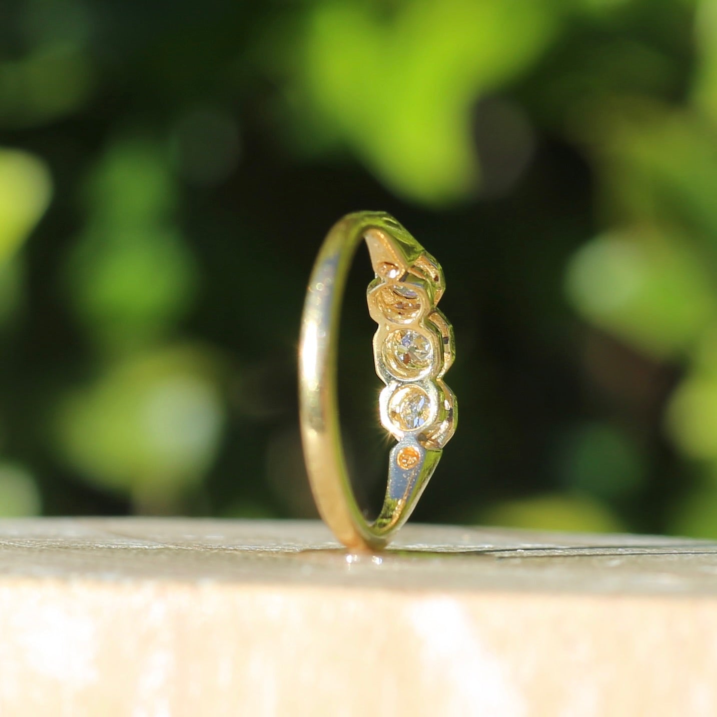 1930s Old and Transitional Cut Diamond Trilogy, 18ct Yellow and White Gold, size N or 6.75