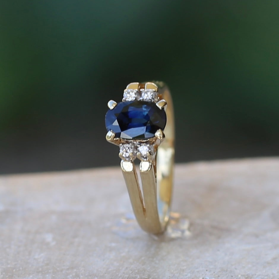 Oval Natural Blue Sapphire with Diamonds, Art Deco Feel Ring, 14ct Yellow Gold, size N or 6.75