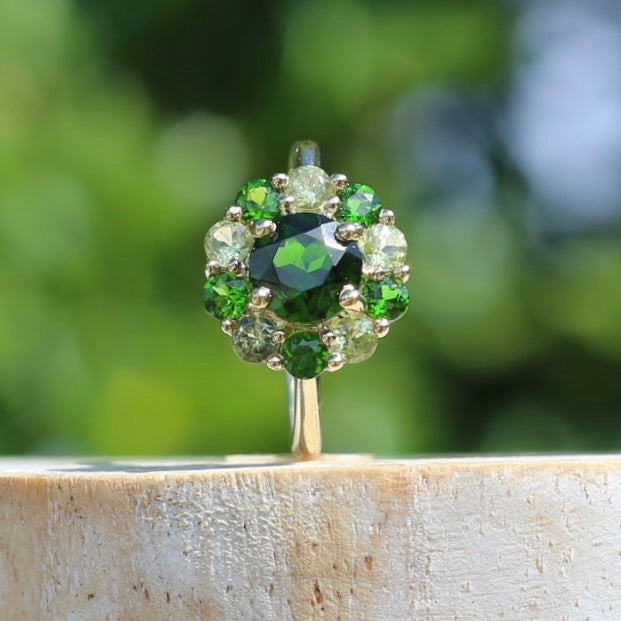 Chrome Diopside and Green Garnet Daisy Cluster Ring, 9ct Yellow Gold, size N1/2 or 7