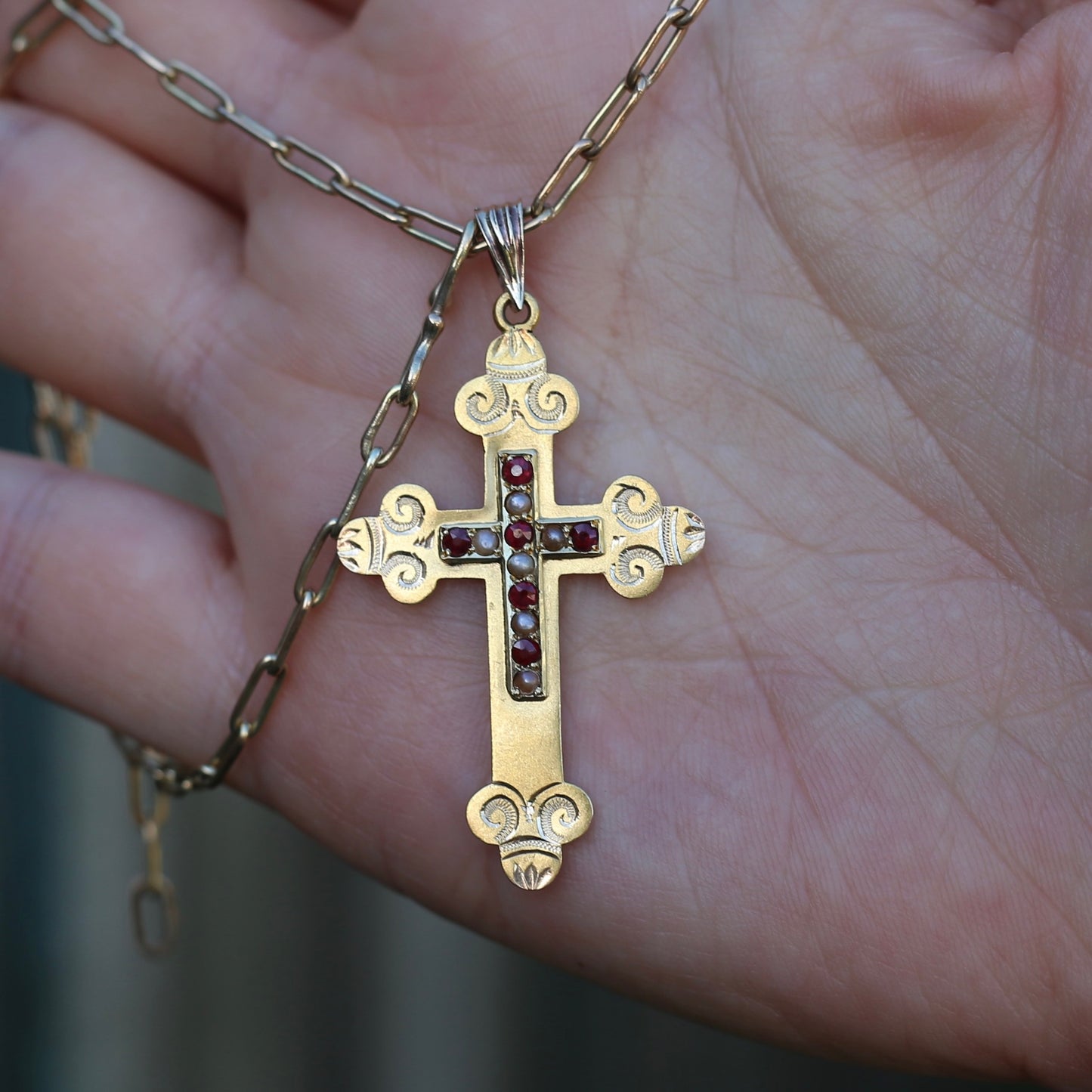 Antique 15ct Ruby and Pearl Crucifix by Australian Jeweller Willis and Sons, 15ct Gold