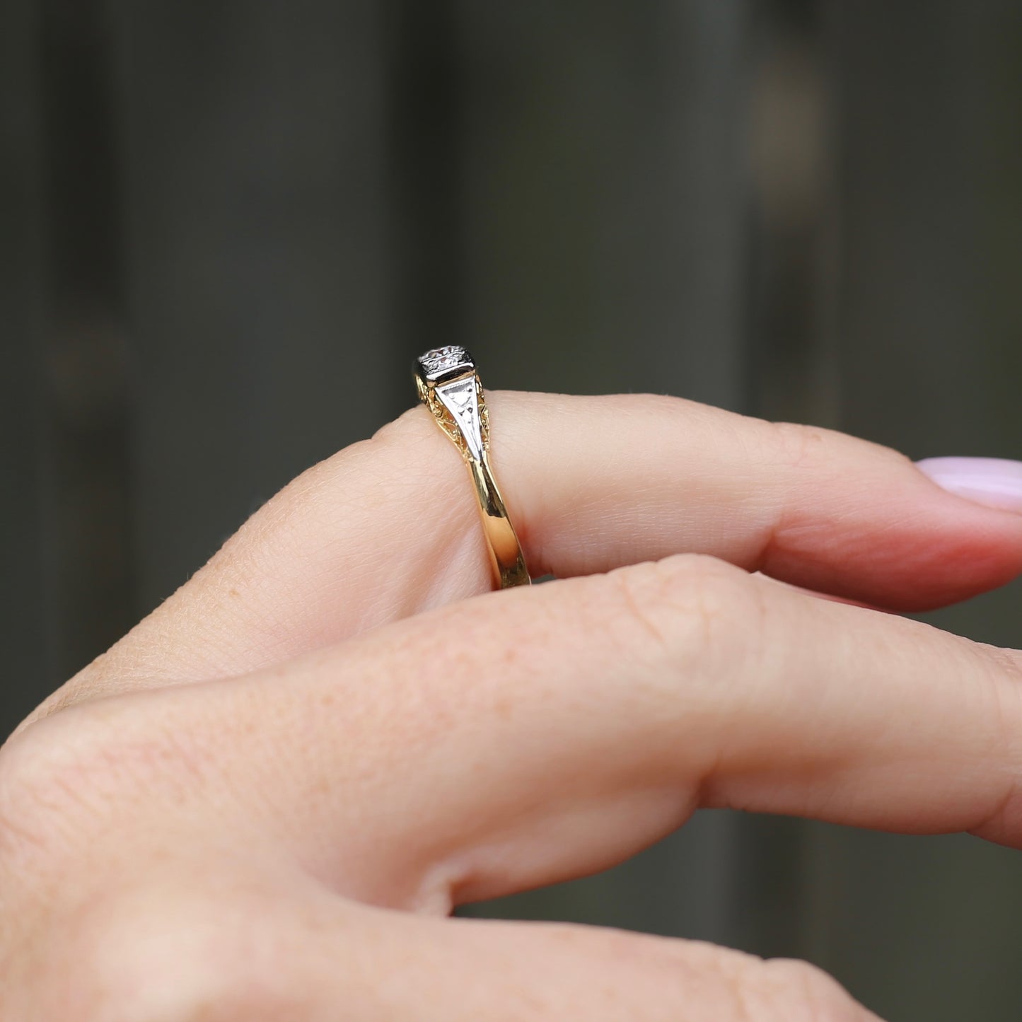 1930s 4 Stone Transitional Cut Diamond Mixed Metal Ring, 18ct Yellow Gold & Platinum, size M or just bigger than 6