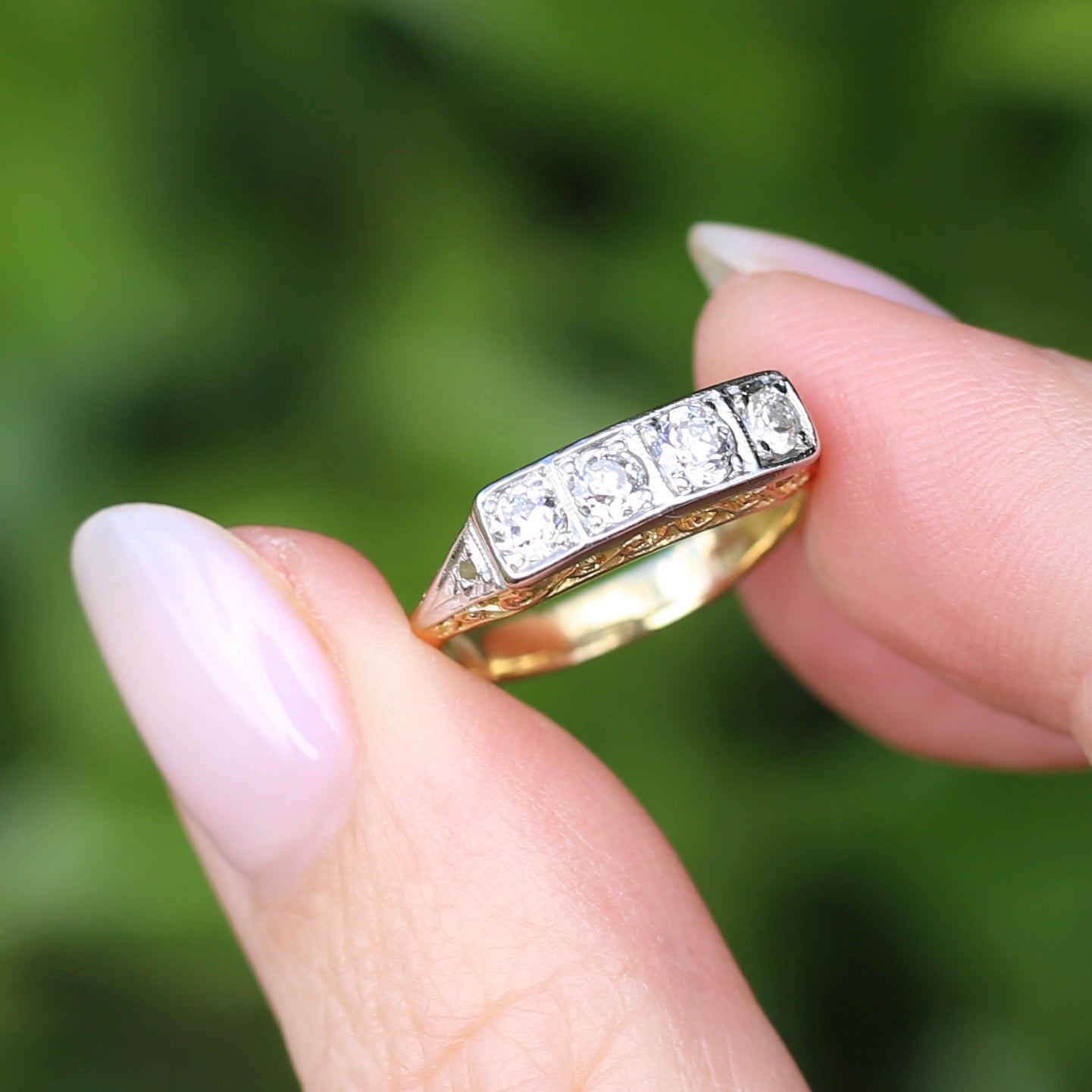 1930s 4 Stone Transitional Cut Diamond Mixed Metal Ring, 18ct Yellow Gold & Platinum, size M or just bigger than 6