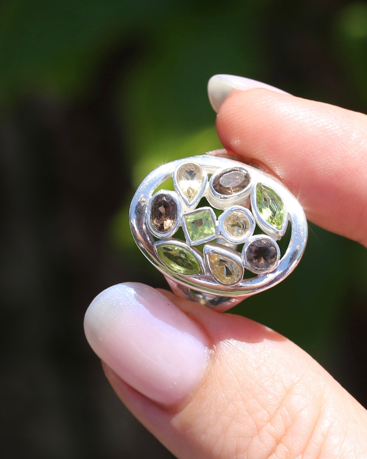 Peridot, Citrine and Smokey Quartz Bezel Set Ring, Sterling Silver, size P or 7.5, 8.27g