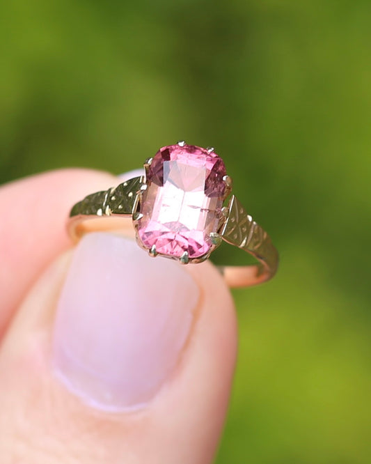 ON HOLD Vibrant 3.1ct Natural Pink Cushion Cut Tourmaline in Vintage Old Rosey 9ct Gold Setting with Carved Shoulders, size N or just under 6.75, 2.48g