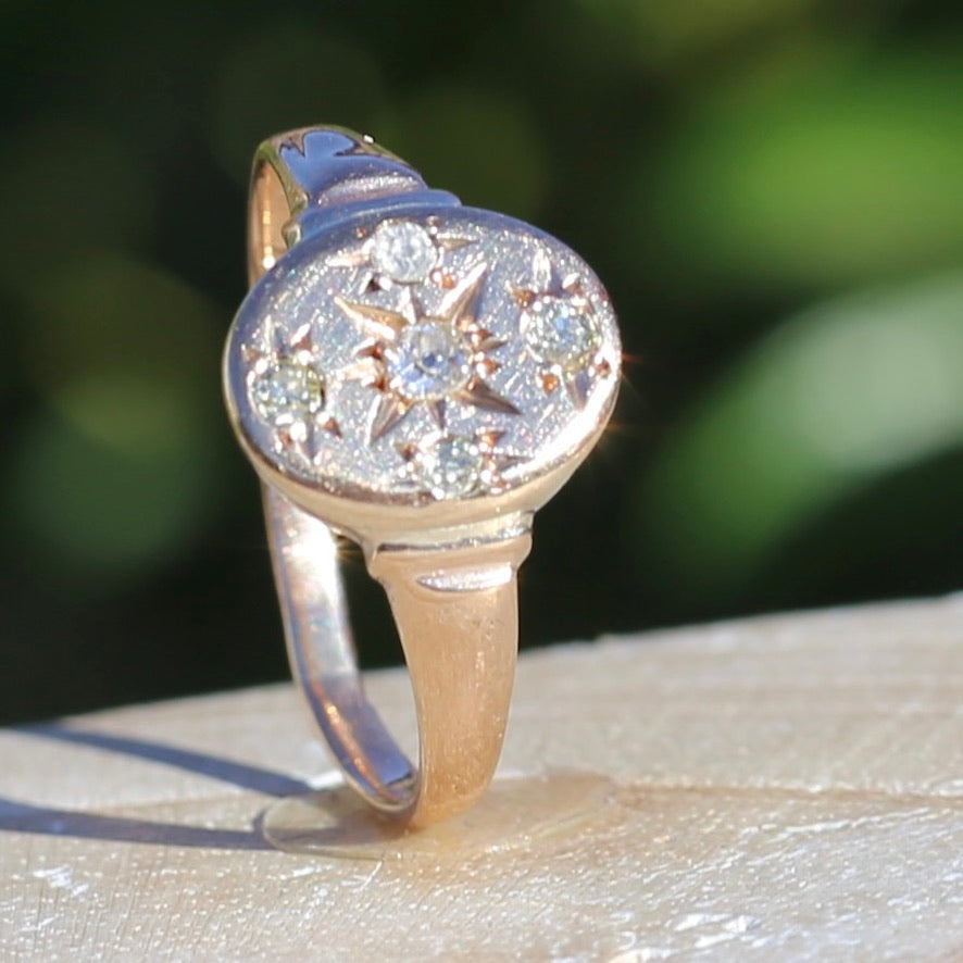 Early Australian Joseph Lawrence Signet Ring, Star Set with 5 Old Cut Diamonds, size T or 9.5