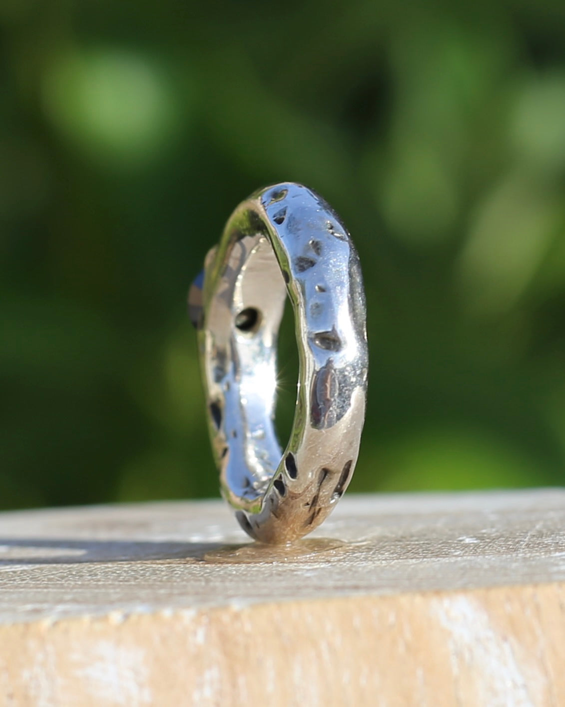 Rustic Handmade Chunky Silver Ring with Black Glass Round Brilliant Semi Bezel Set Stone, size L or 5.75