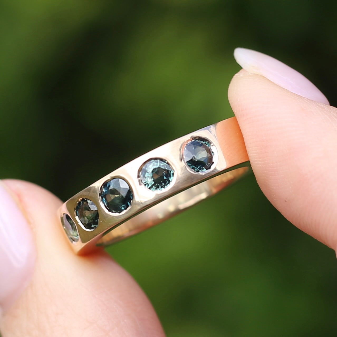 Custom Reclaimed Gold Chunky 9ct Rings with 4mm Parti Sapphires