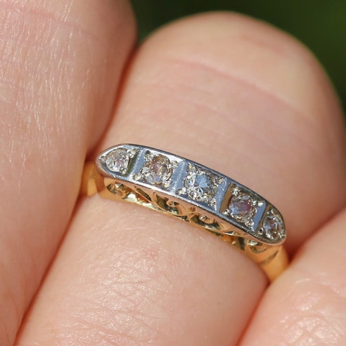 1930s Old Cut 5 Stone Diamond Ring, Platinum and 18ct Yellow Gold, size L or 5.75