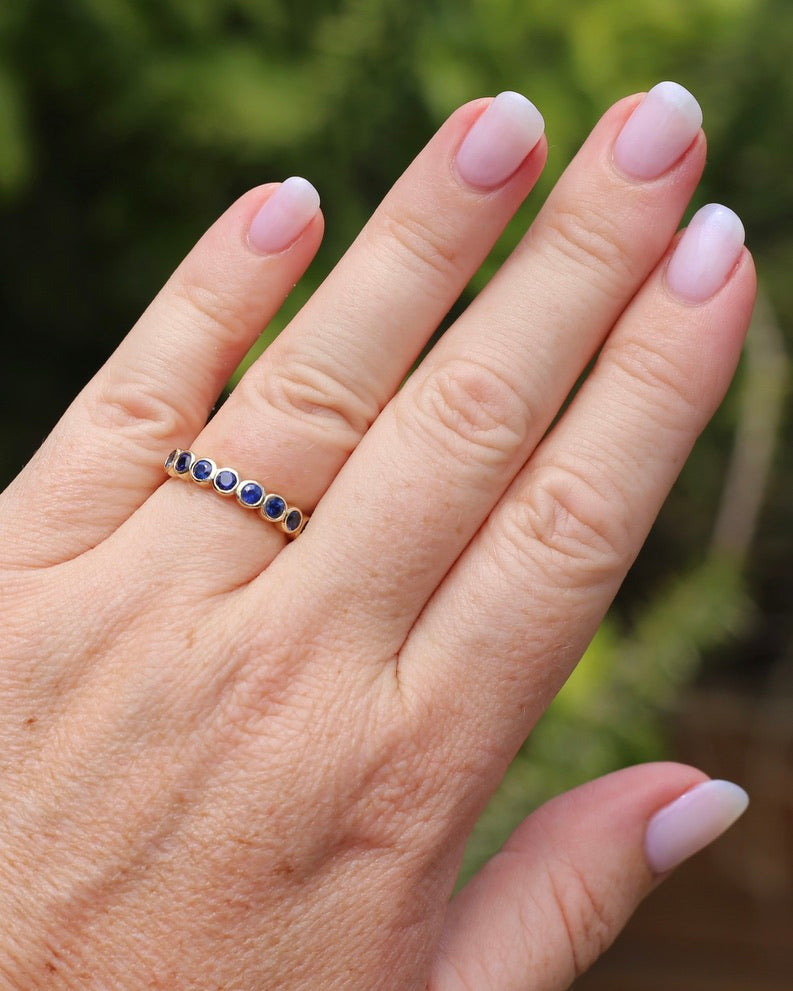 Second Glance - 9 Stone Bezel Set Blue Sapphire Bubble Half Eternity Ring, 9ct Yellow Gold, size N or just over 6.5, 2.80g