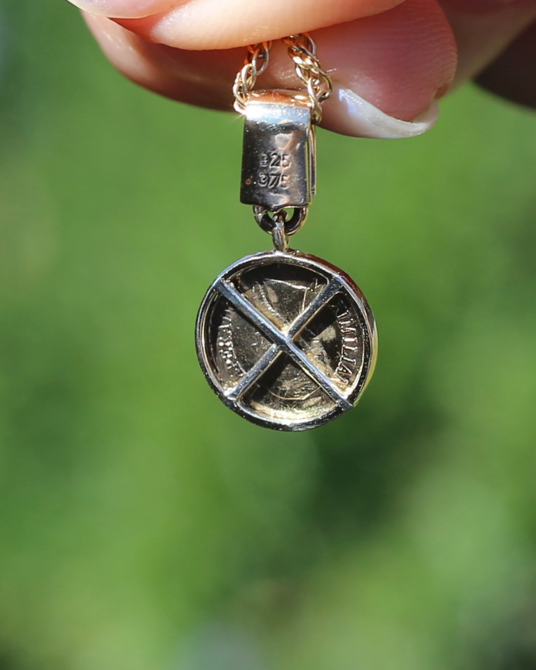 1865 Mexican Coin Replica in Coin Frame Pendant, 9ct Yellow Gold and silver support bars, 1.69g