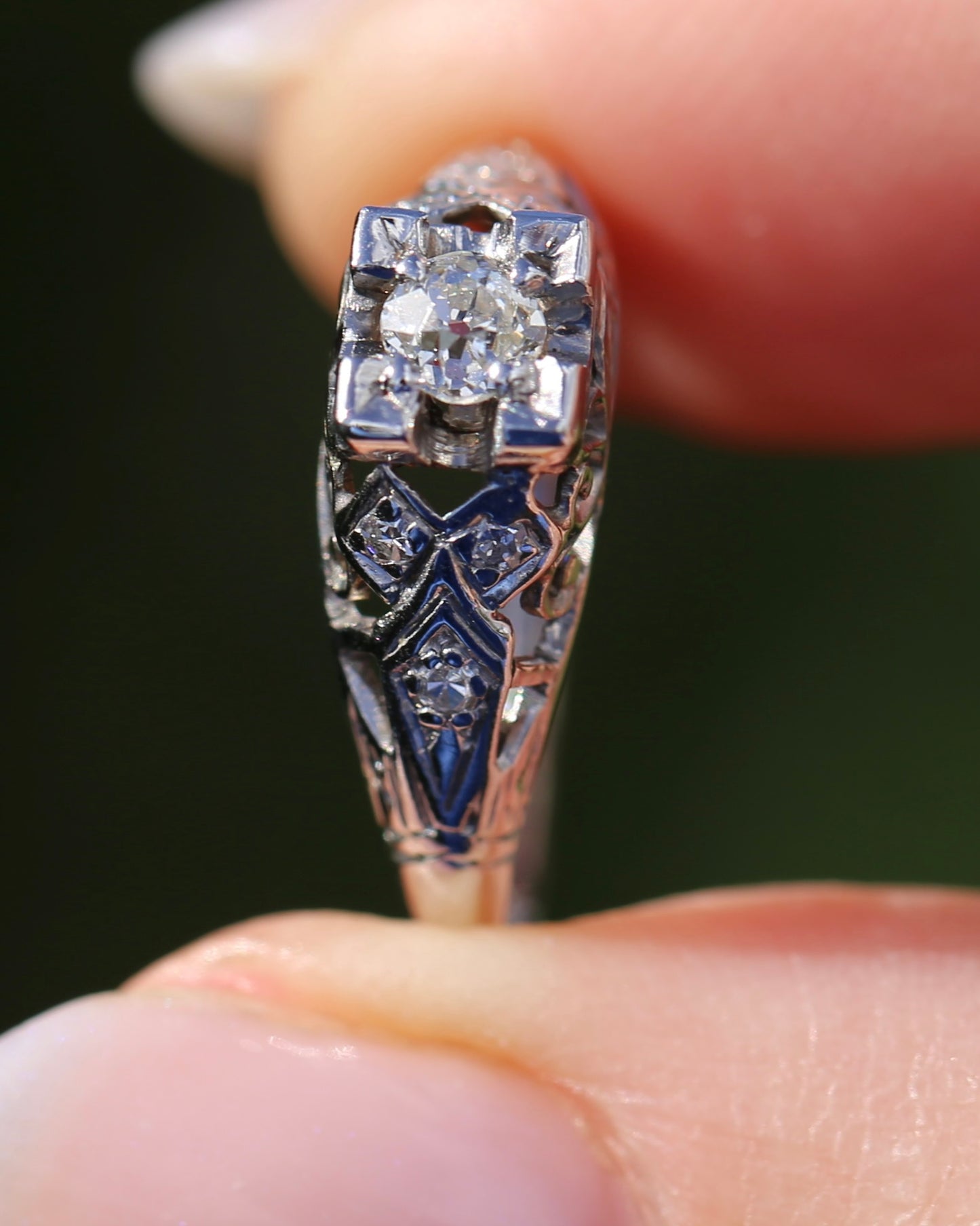 0.188ct Old Cut Diamond Solitaire, 18ct White Gold Filigree, size L or 5.75, 2.0g