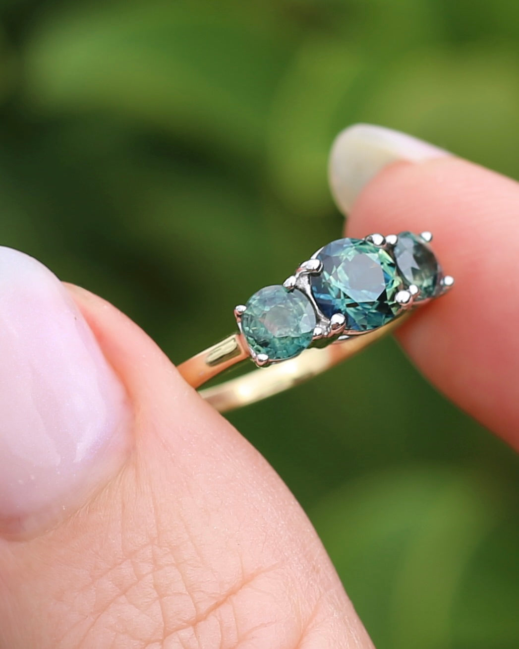 2.14ct Parti Sapphire Trilogy Ring, 14ct White and Yellow Gold, size N1/2 or 7, 2.64g