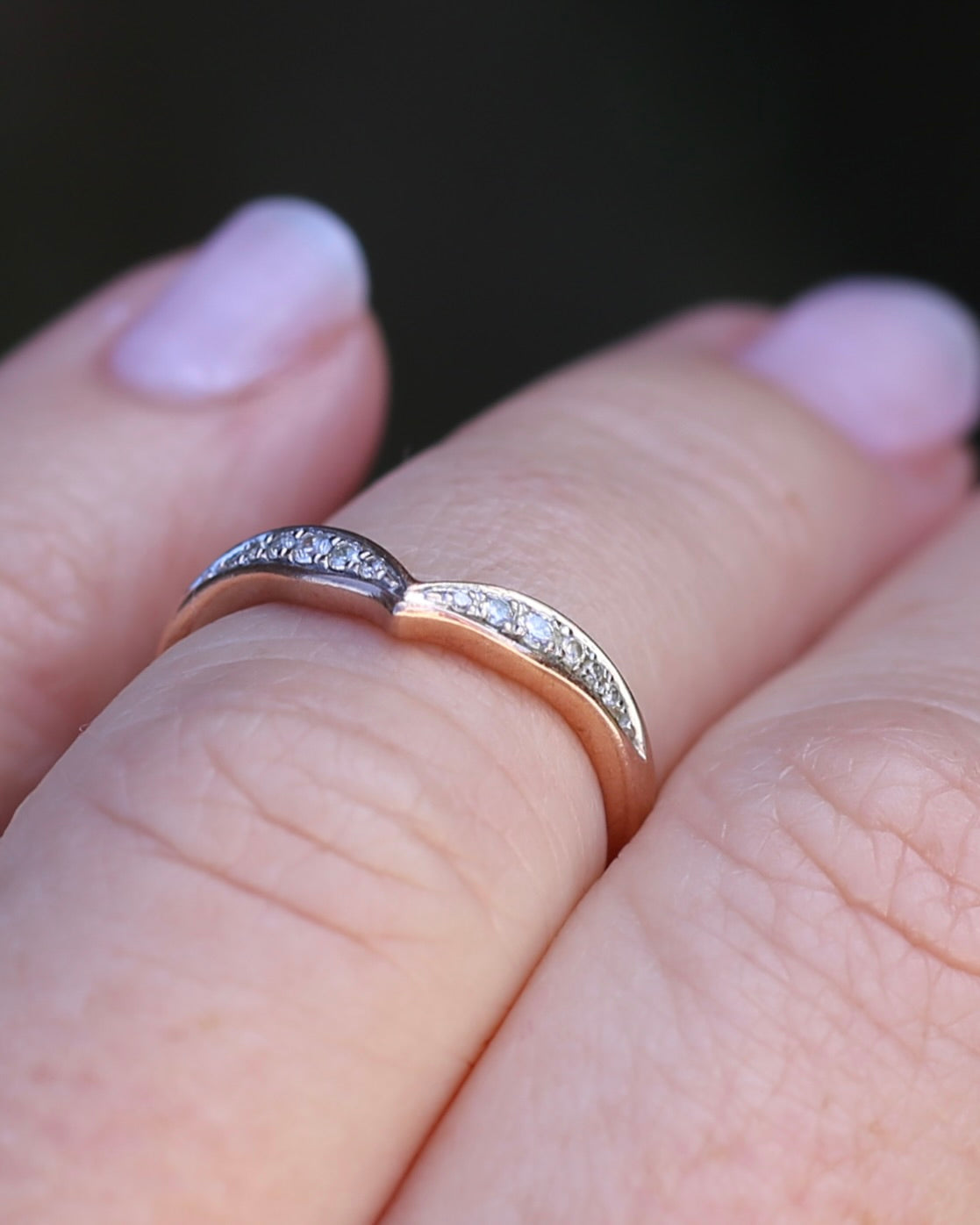 Bead Set Natural Diamond Wishbone Ring, 9ct Rose Gold, size J or 4.75, 1.7g