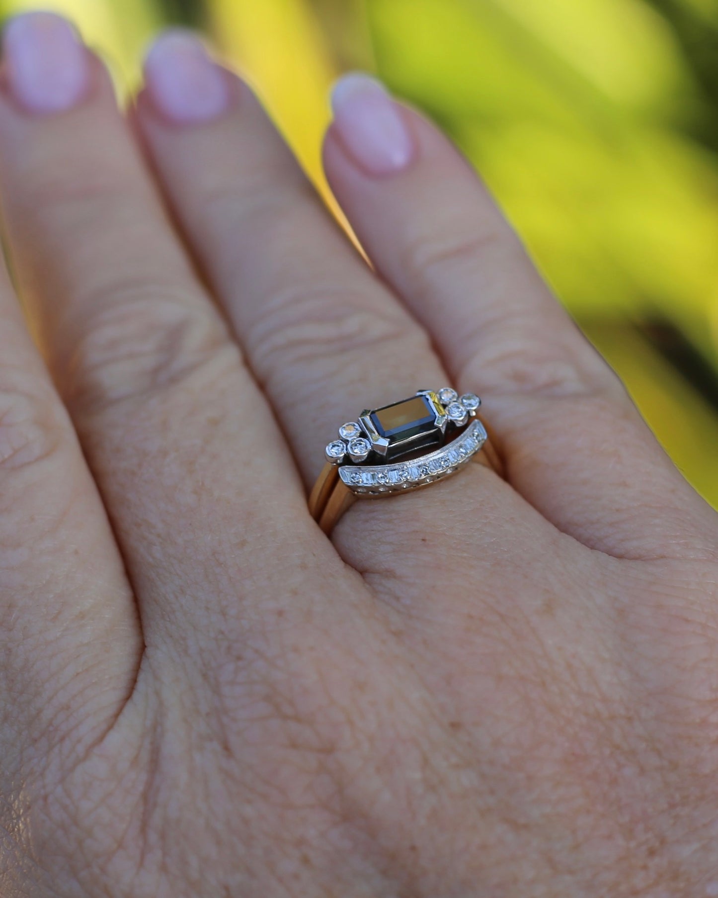 Vintique 7 Stone Single Cut Diamond & Milgrain Curved Stacker Ring, 14ct Yellow and White Gold, size P or just over 7.5, 1.49g