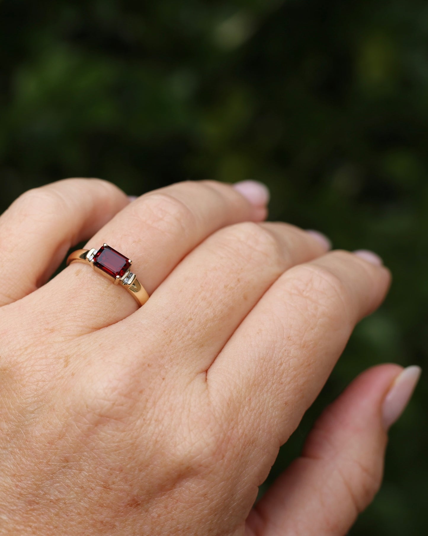 East African East West Set Emerald Cut Garnet and Diamond side stones, 9ct Yellow Gold, size P1/2 or 8