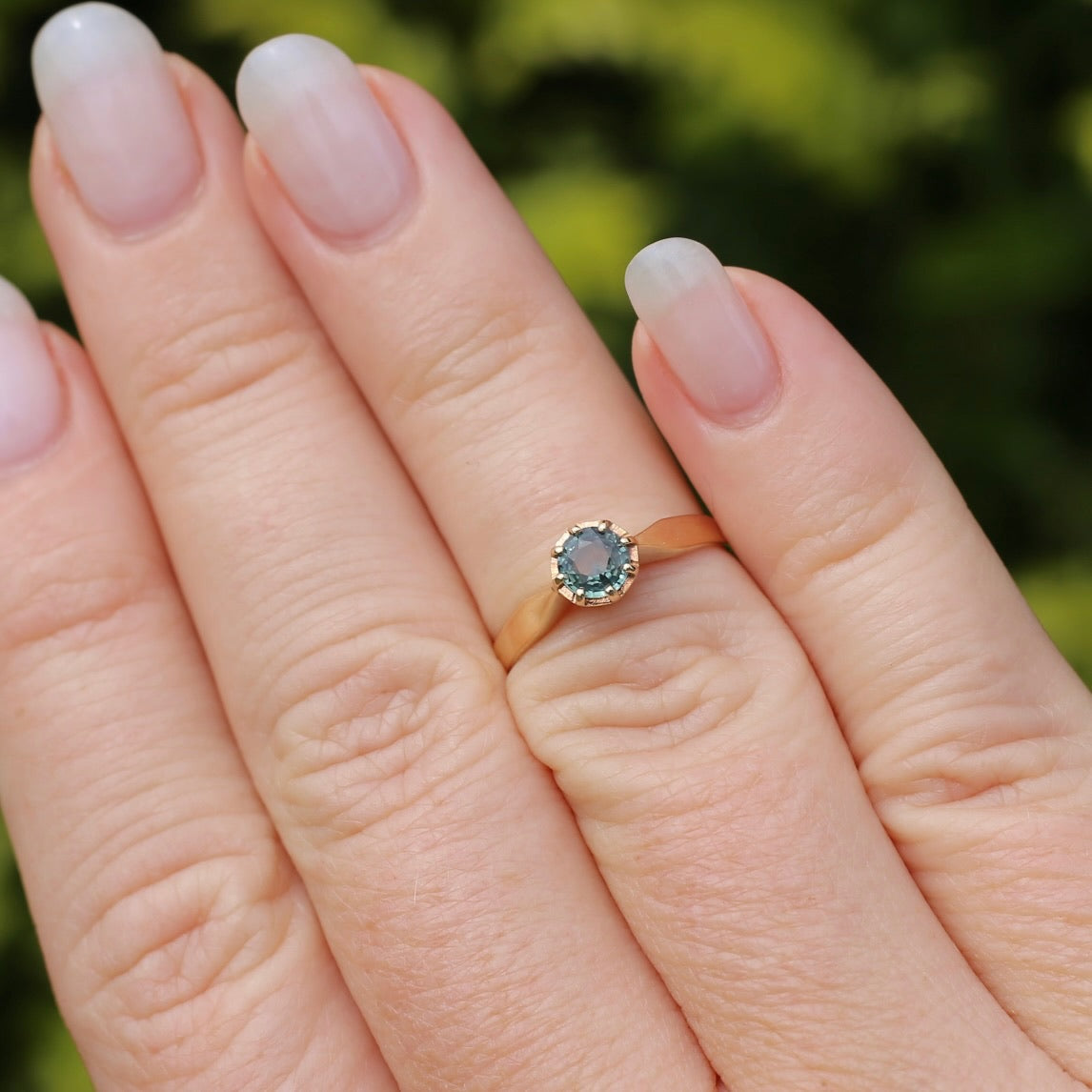 Seafoam Sapphire Solitaire in 8 Claw Setting, 9ct Yellow Gold, size L or just under 5.5