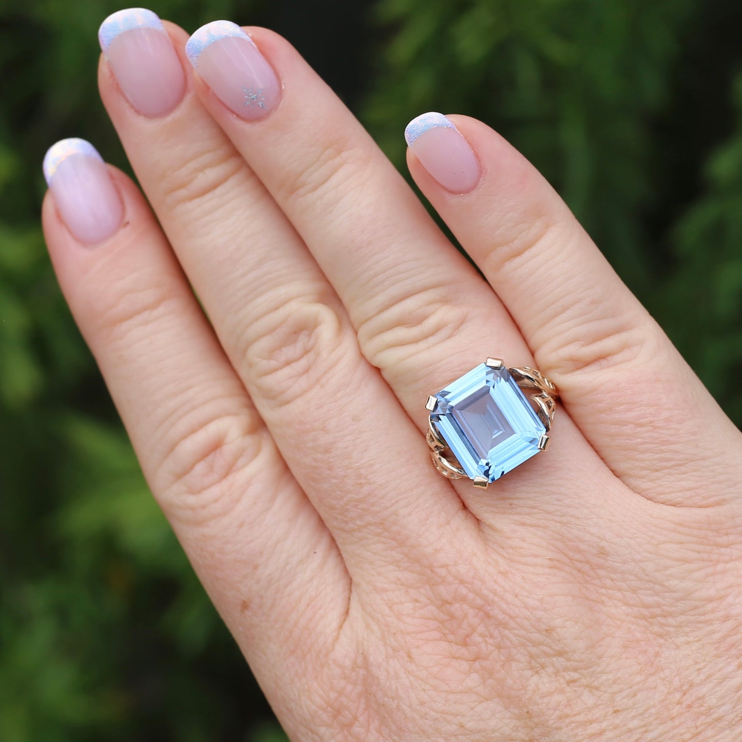 Mid Century Emerald Cut Blue Spinel Cocktail Ring, size N1/2 or 6.75