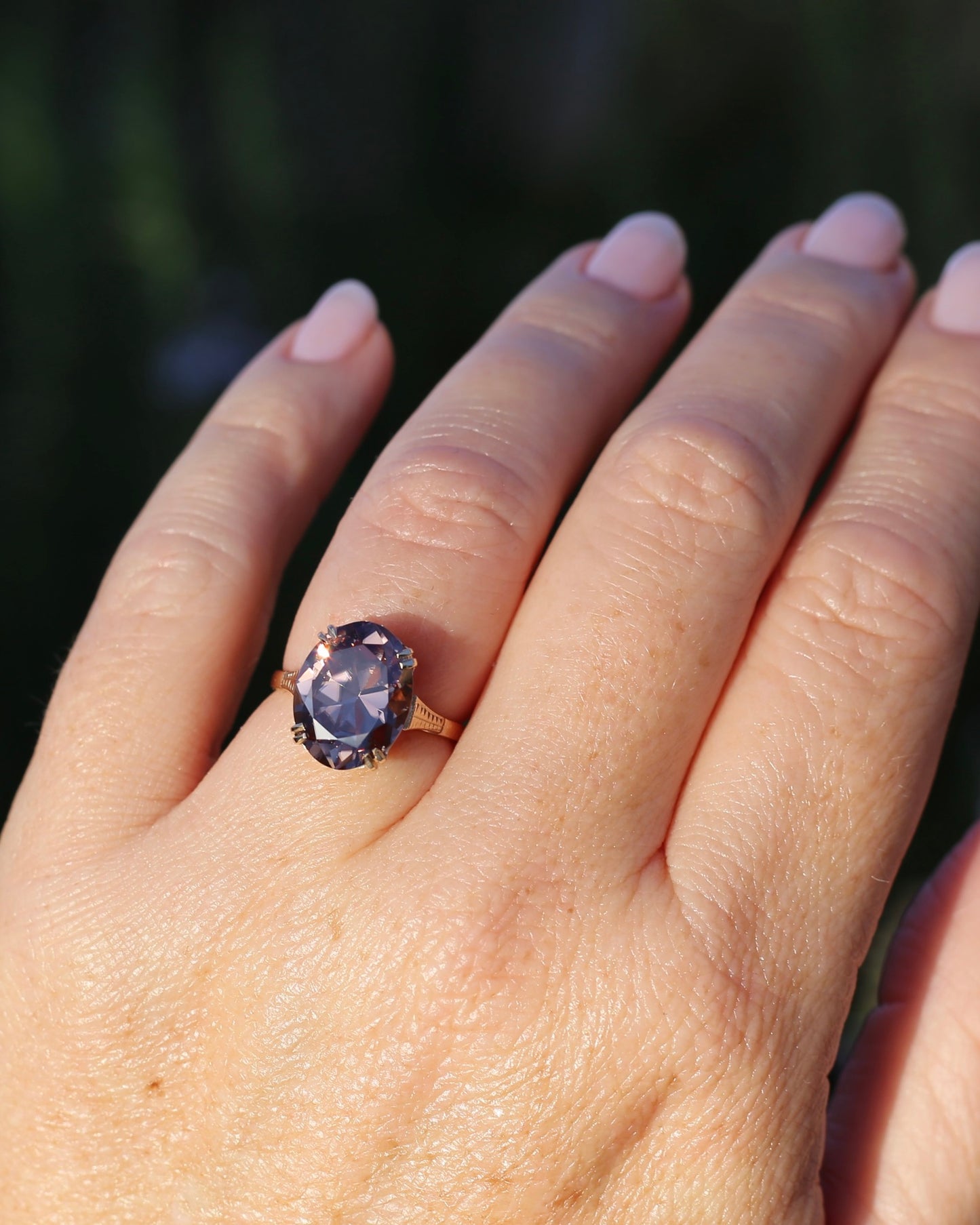 ON HOLD 7.9ct Mauve Damask Rose Oval Natural Zircon in Vintage 9ct Double Claw Ring, 9ct Yellow Gold, size M or 6.25, 3.59g
