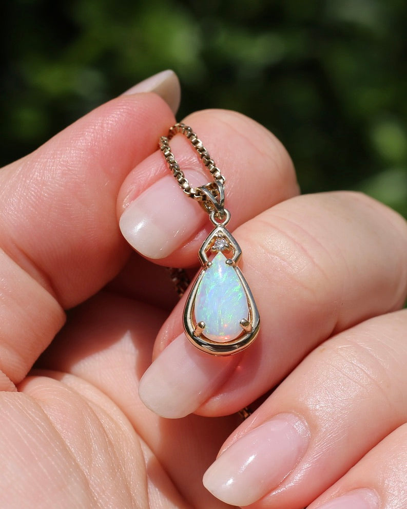 Pear Crystal Opal and Diamond Pendant, 10ct Yellow Gold, 1.5g